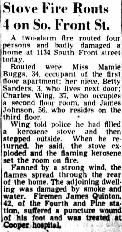 Stove Fire Routs 4 on So. Front St. — Camden Courier-Post, April 4, 1962