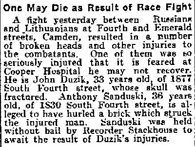 One May Die as Result of Race Fight — John Duzik, Anthony Sanduski, Philadelphia Inquirer, September 7, 1909