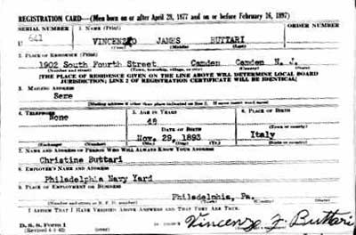 Vincenzo James Buttari draft registration card, April 1942