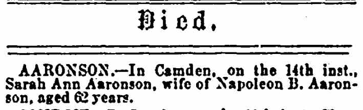 Sarah Ann Aaronson Death Notice, West Jersey Press, December 16, 1868