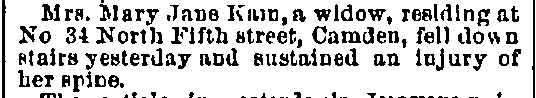 Mrs. Mary Jane Kann Injured, Philadelphia Inquirer, October 2, 1884