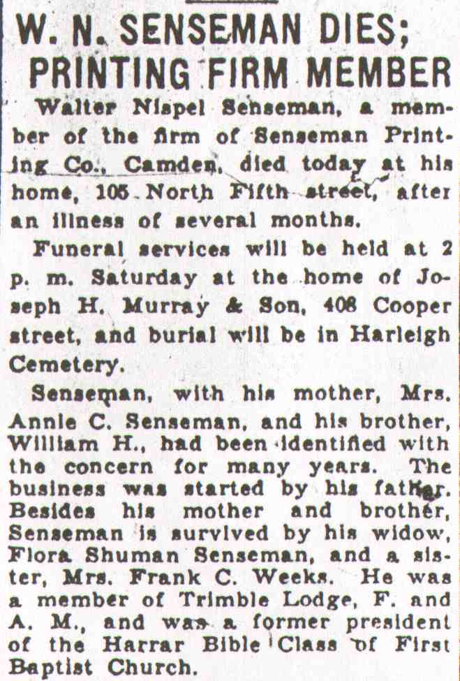 W. N. Senseman Dies; Printing Firm Member, Camden Courier-Post, August 26, 1931