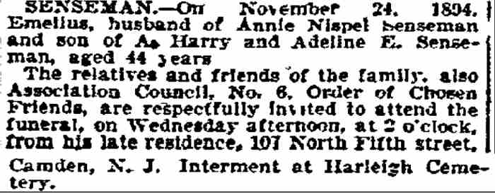 SENSEMAN  Death Notice, Philadelphia Inquirer, November 24, 1894
