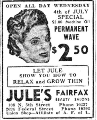 Jules Fairfax Beauty Salons Advertisement, Camden Courier-Post, July 1, 1941