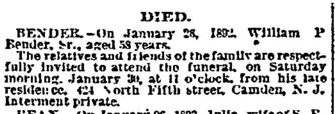 William P. Bender Sr. Death Notice, Philadelphia Inquirer, January 28, 1892
