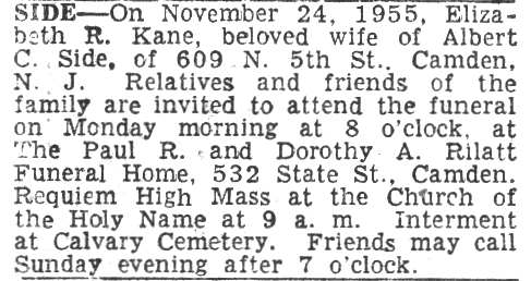 Elizabeth R. Kane Side Obituary, Camden Courier-Post, November 25, 1955