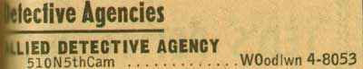 Allied Detective Agency Listing, New Jersey Bell Telephone Yellow Pages, 1955