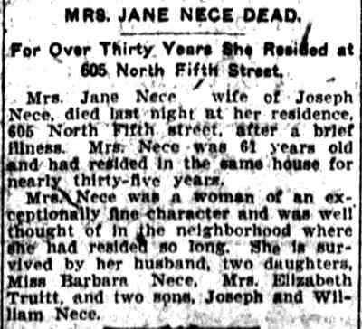 Mrs. Jane Nece Dead, Camden Post-Telegram, May 13, 1908