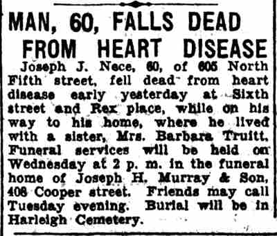 Man, 60, Falls Dead From Heart Disease, Camden Courier-Post, November 6, 1933