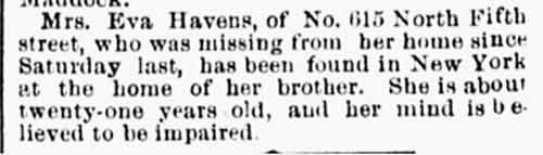 Mrs. Eva Havens found in New York, Philadelphia Inquirer, November 13, 1884