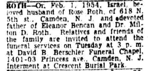 Israel Roth Death Notice, Camden Courier-Post, February 1, 1954