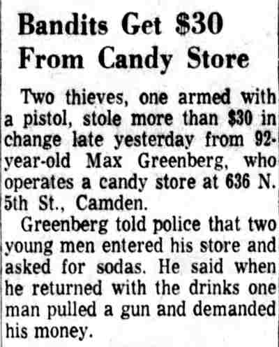 Bandits Get $30 From Candy Store, Camden Courier-Post, June 26, 1968