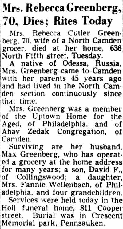 Mrs. Rebecca Greenberg, 70, Dies; Rites Today, Camden Courier-Post, September 26, 1951