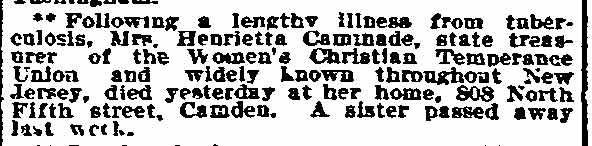 Mrs. Henrietta Caminade Dies, Philadelphia Inquirer, March 18, 1909