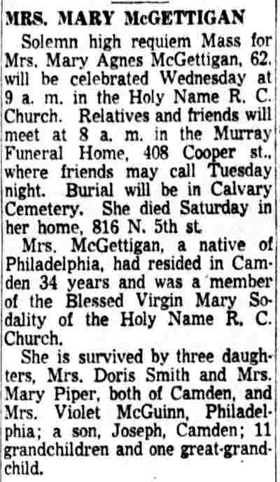Mrs. Mary McGettigan Death Notice, Camden Courier-Post, February 1, 1954
