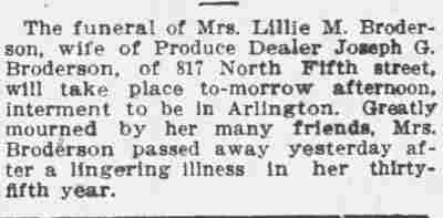 Mrs. Lillie M. Broderson Funeral Notice, Camden Post-Telegram, May 10, 1911