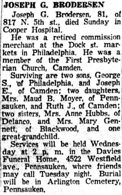 Brodersen Funeral Notice, Camden Courier-Post, October 15, 1956