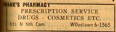 Franks Pharmacy Advertisement, New Jersey Bell Telephone Yellow Pages, 1955