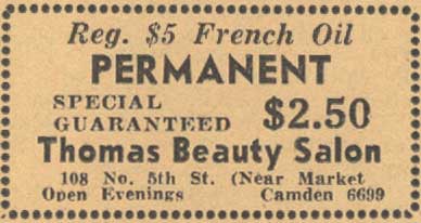 Thomas Beauty Salon Advertisement, Camden Courier-Post, February 8, 1938