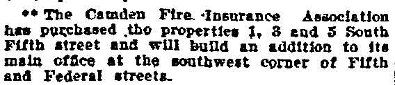 Camden Fire Insurance Association Purchases Properties, Philadelphia Inquirer, January 31, 1904