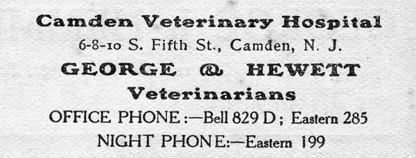 Camden Veterinary Hospital Advertisement, (Advertisement), 1906