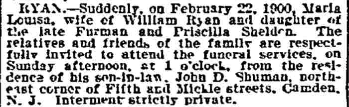Ryan Funeral Notice, Philadelphia Inquirer, February 24, 1900