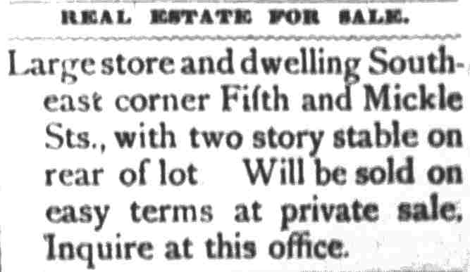 Real Estate For Sale (Fifth and Mickle Streets) - Camden Daily Telegram, May 12, 1898