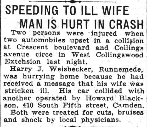 Speeding to Ill Wife Man Is Hurt in Crash, Camden Courier-Post, June 17, 1932