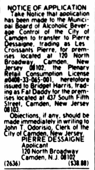 Legal Notice: Fat Daddys, Camden Courier-Post, March 24, 1984