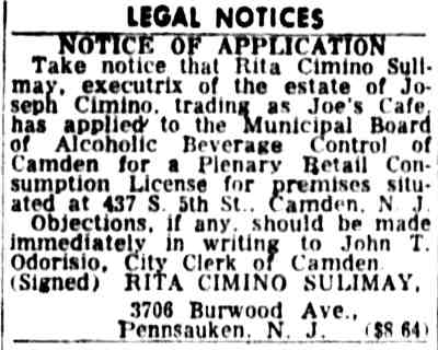 Legal Notice: Joes Cafe, Camden Courier-Post, June 2, 1960