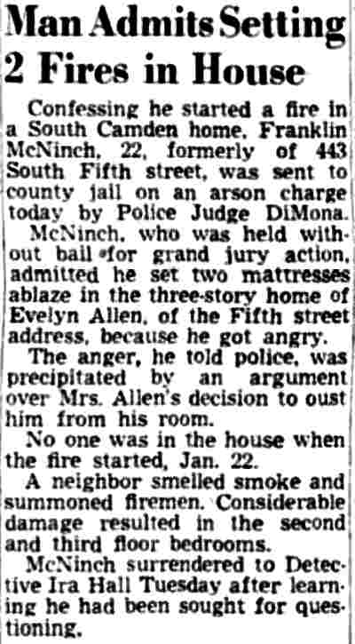 Man Admits Setting 2 Fires in House, Camden Courier-Post, January 25, 1950