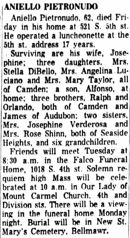 Aniello Pietronudo Obituary, Camden Courier-Post, March 17, 1962