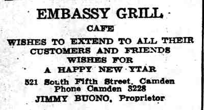 Embassy Grill New Year Advertisement, Camden Courier-Post, September 10, 1934