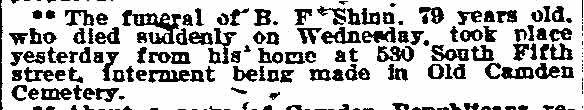 The funeral of B. F. Shinn, Philadelphia Inquirer, June 30, 1910