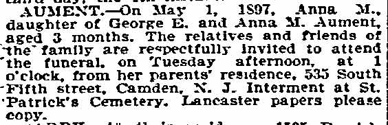 Anna M. Aument Death Notice, Philadelphia Inquirer, May 4, 1897