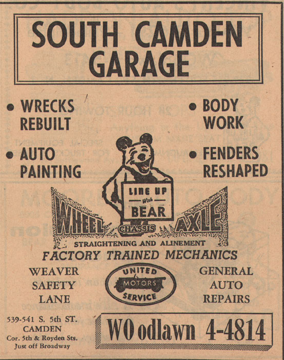 South Camden Garage Advertisement, New Jersey Bell Telephone Directory, 1955
