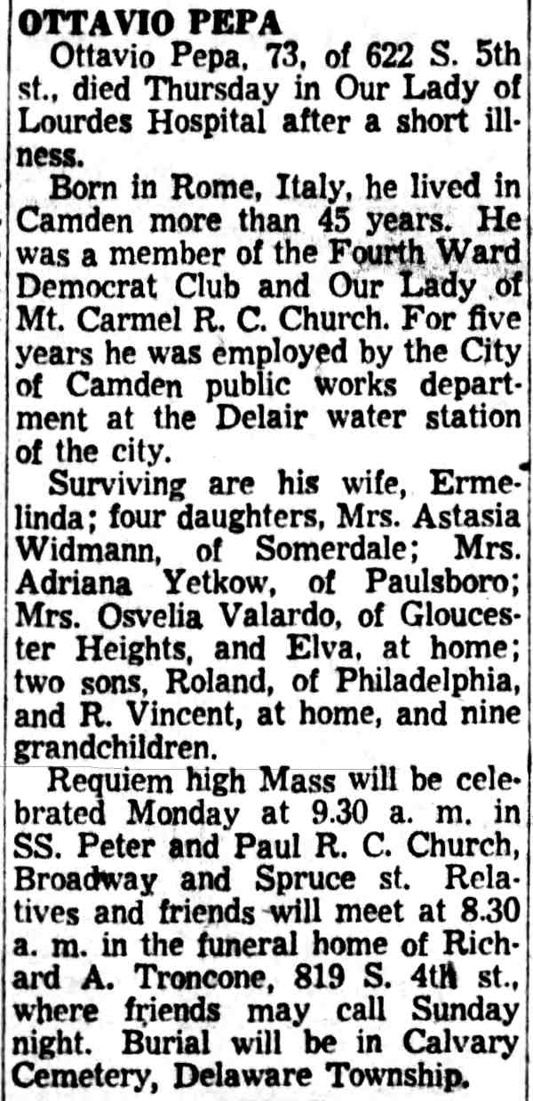 Ottavio Pepa Obituary, Camden Courier-Post, February 3, 1956