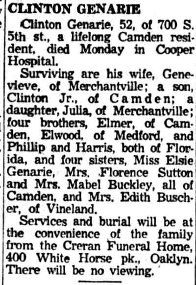 Clinton Genarie Obituary, Camden Courier-Post, December 13, 1958