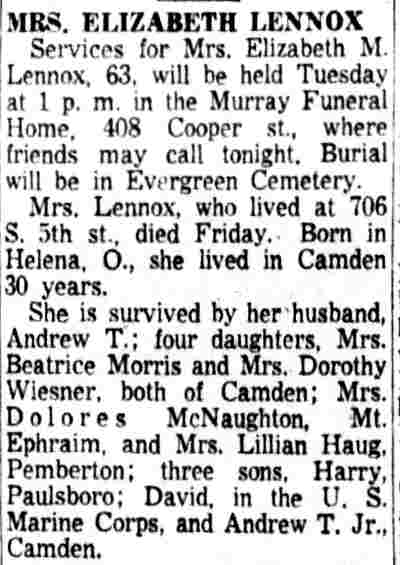 Mrs. Elizabeth Lennox Death Notice, Camden Courier-Post, February 1, 1954