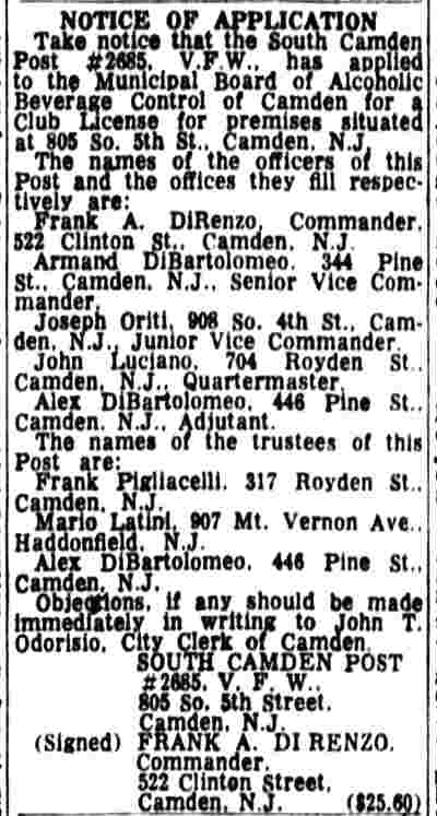 Legal Notice: V.F.W. Post No. 2685, Camden Courier-Post, June 20, 1963