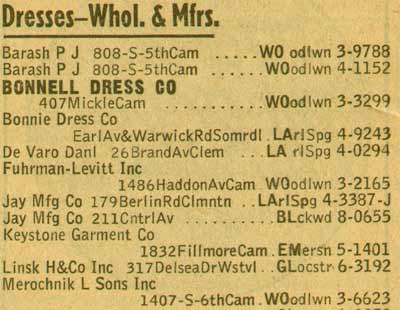 407 Mickle Street — Bonnell Dress Company, 1955 New Jersey Bell Telephone Yellow Pages