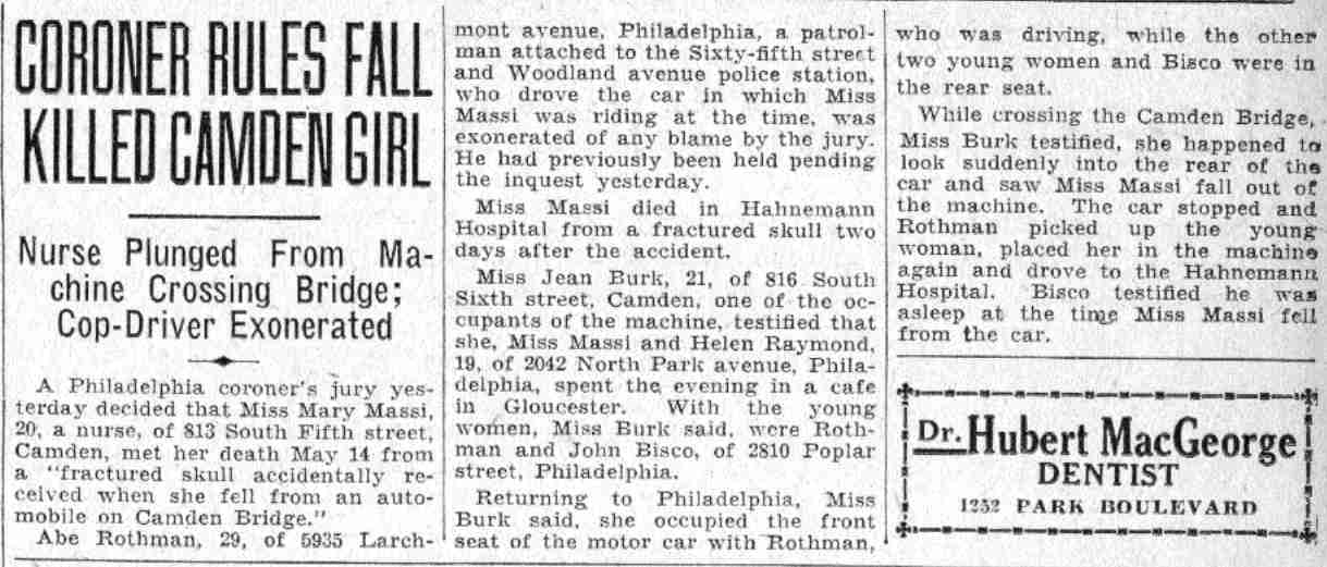 Coroner Rules Fall Killed Camden Girl, Camden Courier-Post, June 13, 1932