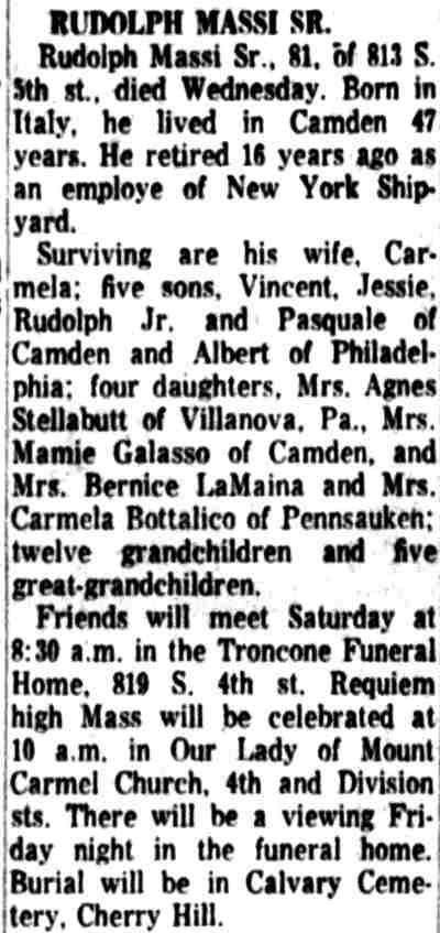 Rudolph Massi Sr. Obituary, Camden Courier-Post, October 18, 1962