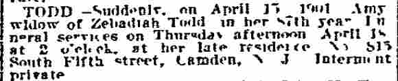 Amy Todd Death Notice, Philadelphia Inquirer, April 17, 1901