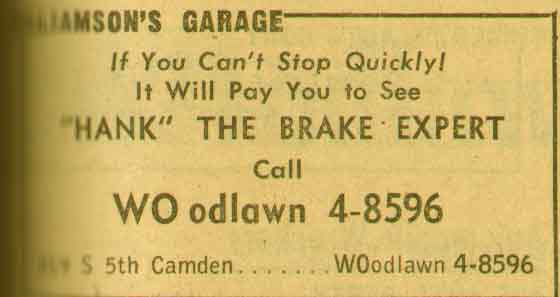 Williamsons Garage Advertisement, New Jersey Bell Yellow Pages, 1955