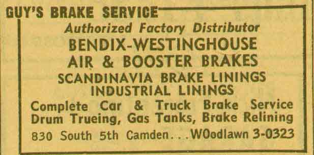 Guys Brake Service Advertisement, New Jersey Bell Telephone Yellow Pages, 1955