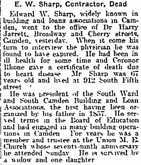 E. W. Sharp, Contractor, Dead, Philadelphia Inquirer, November 20, 1917