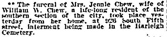 Mrs. Jennie Chew Funeral Notice, Philadelphia Inquirer, March 26, 1912