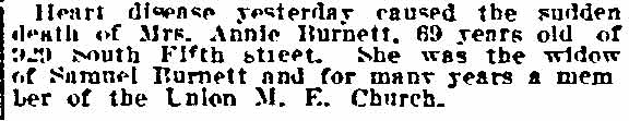 Mrs. Annie Burnett Death Notice, Philadelphia Inquirer, February 20, 1916