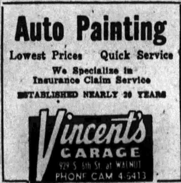 Vincents Garage Advertisement, Camden Morning Post, October 27, 1947